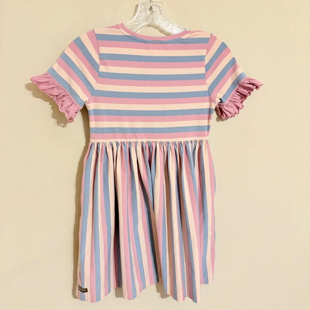 Matilda Jane Girls Emery Pink Blue Striped Ruffle Sleeve Dress Size 10 32005D